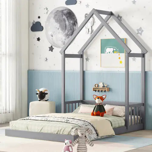 Grey Full Roof-frame Floor Bed with Guardrails