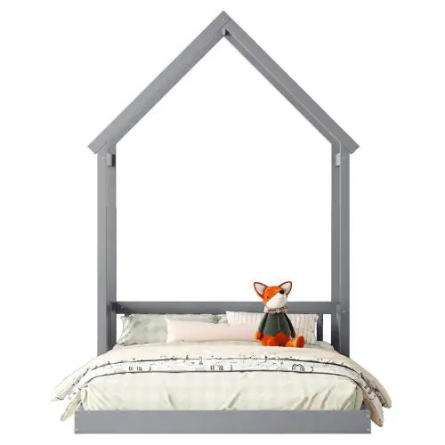 Grey Full Roof-frame Floor Bed with Guardrails