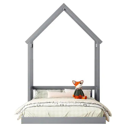 Grey Full Roof-frame Floor Bed with Guardrails