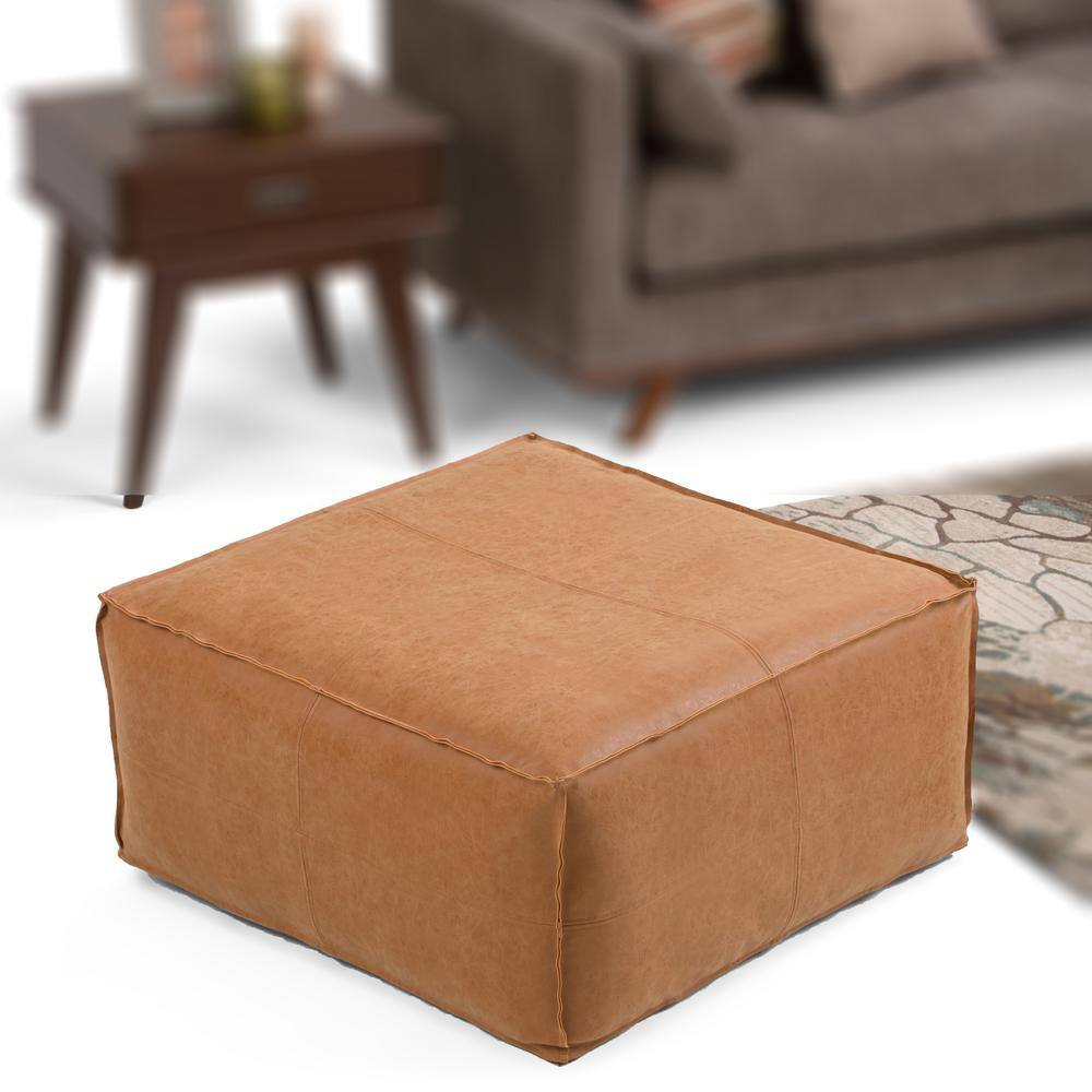 Brody Boho Square Large Square Coffee Table Pouf in Distressed Brown Faux Leathe