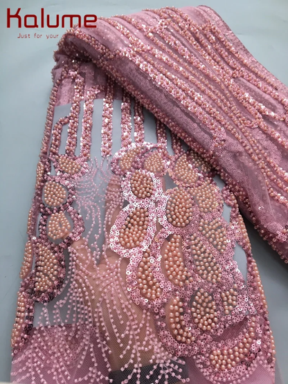 Embroidered African Lace Fabric with Bead Sequins - High-Quality F4138