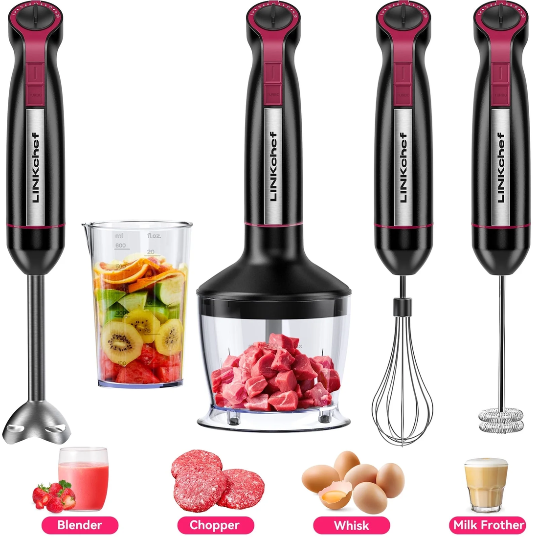 20-Speed 1000W Immersion Hand Blender with Turbo Mode and Chopper, Black