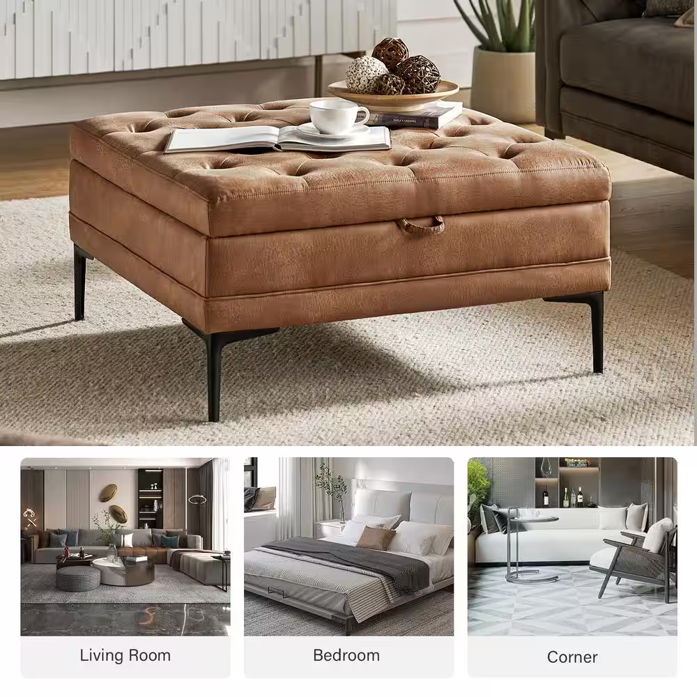 Jeremias Camel Transitional Lift Top Shelved Storage Button-Tufted Cocktail Otto