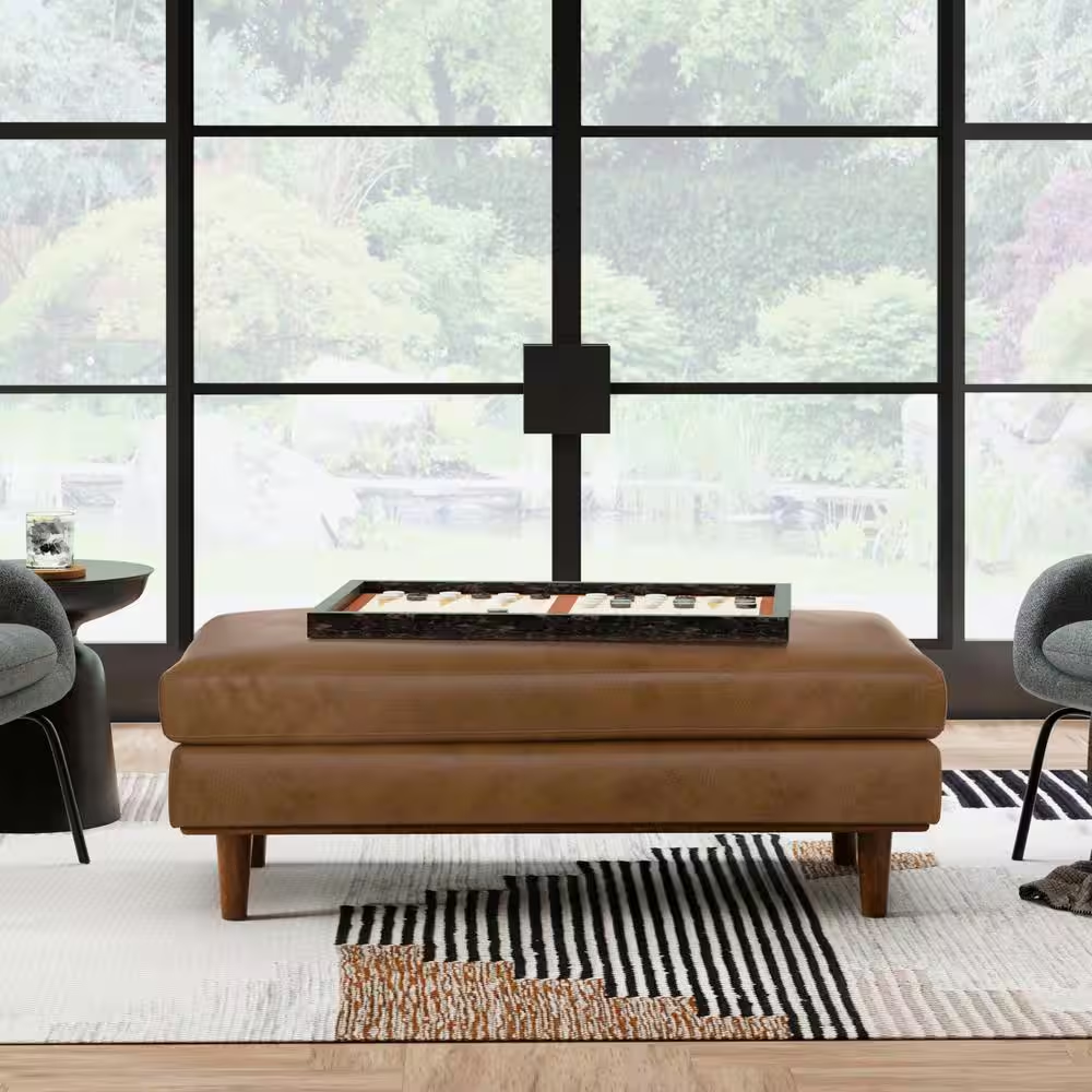 Morrison 49 In. Genuine Leather Large Rectangular Ottoman in Caramel Brown Genui