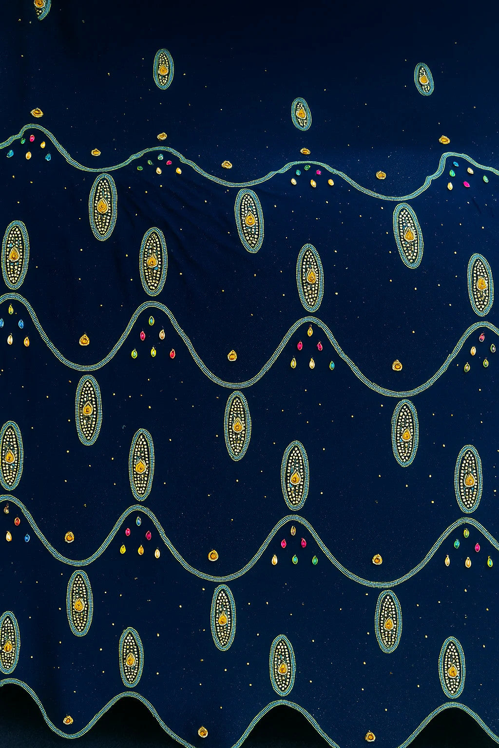 Elegant Navy Blue Chiffon – Beaded Royal Waves