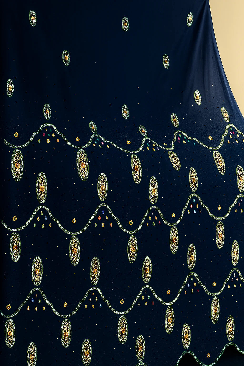 Elegant Navy Blue Chiffon – Beaded Royal Waves