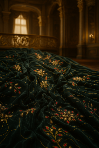 Emerald Velvet Royal Embroidered Fabric – Golden &amp; Ruby Floral Swirl Design