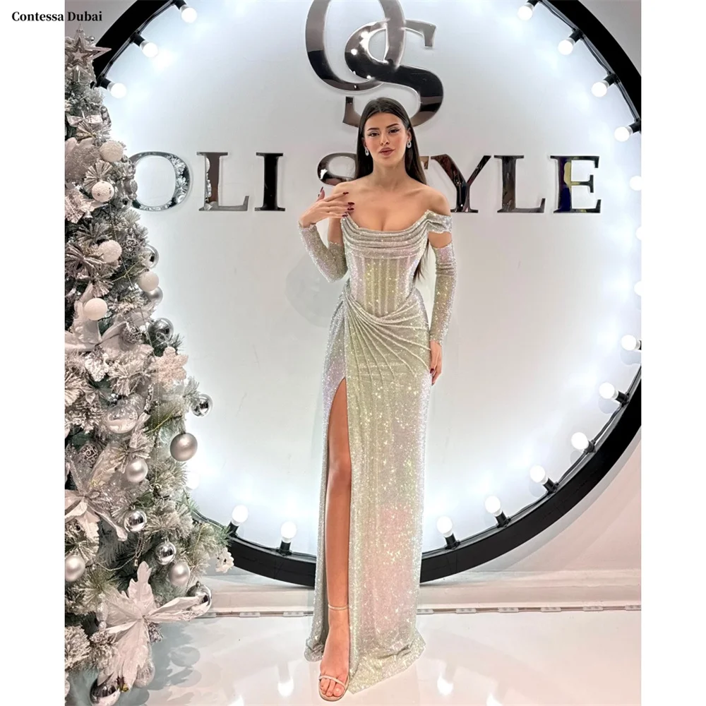 Contessa Dubai Silver Gray Sequin off Shoulder Prom Dresses Long Sleeve Customiz