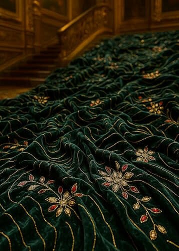 Luxury Royal Green Embroidered Velvet Fabric – Gold &amp; Red Floral Design |