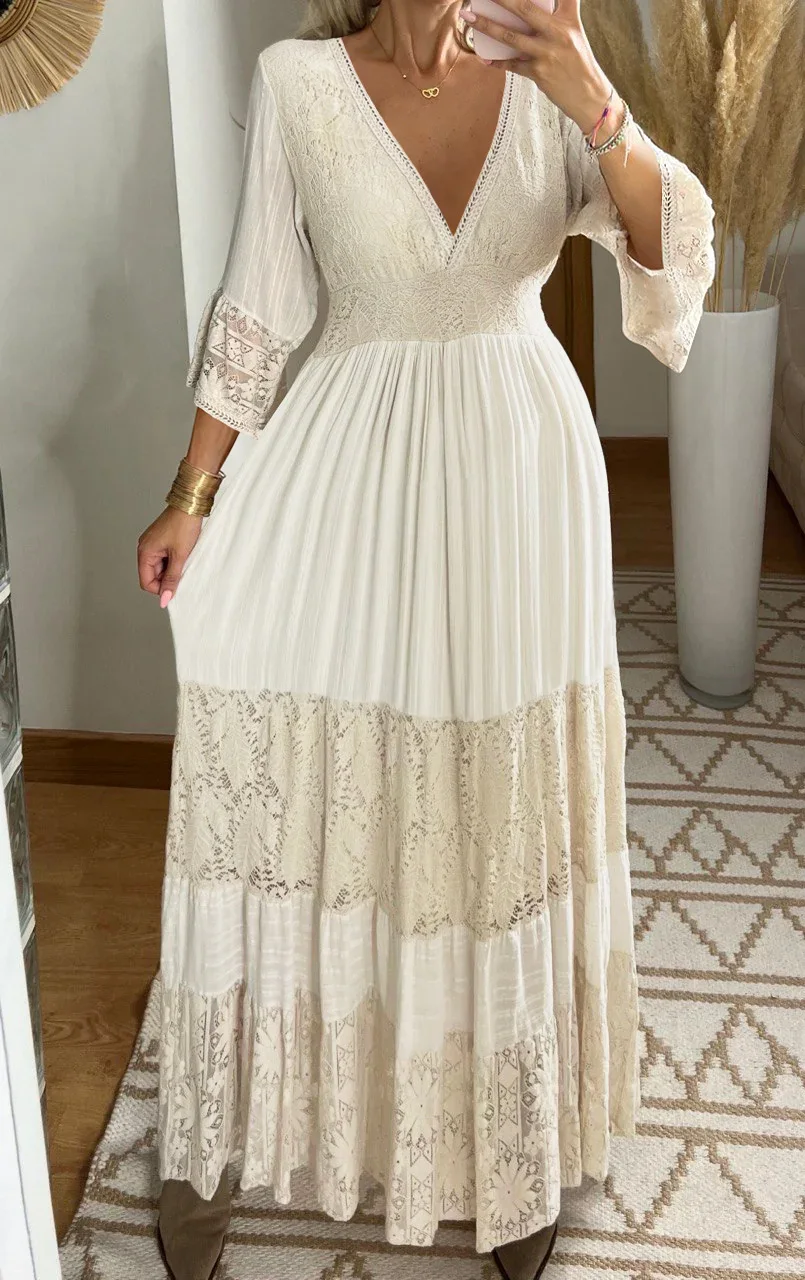 Elegant Floral Print Maxi Dress with Lace V-Neck and Long Sleeves for Women