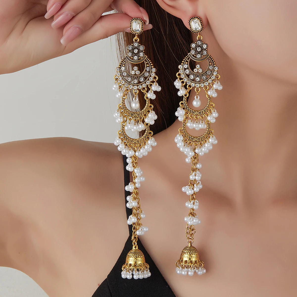 Elegant Vintage Gold-Tone Geometric Crystal and Pearl Long Earrings for Women