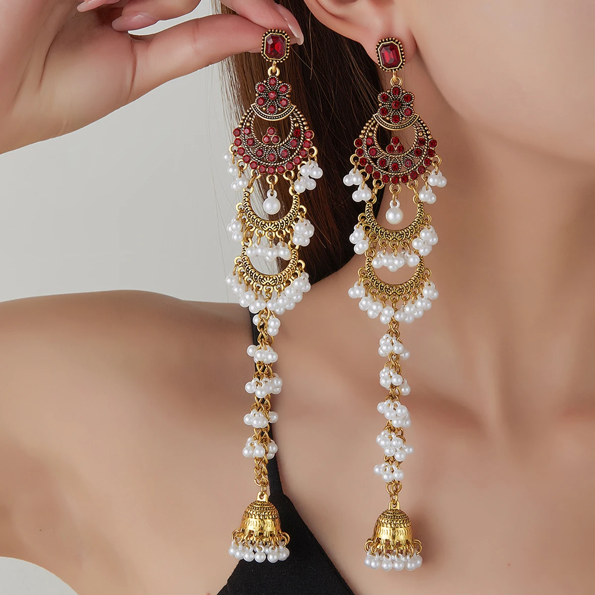 Elegant Vintage Gold-Tone Geometric Crystal and Pearl Long Earrings for Women