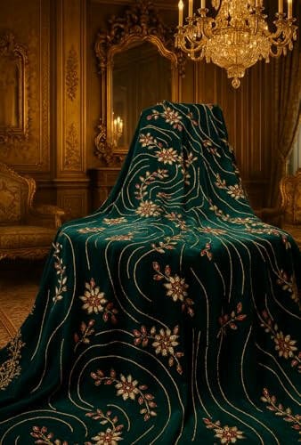 Luxury Royal Green Embroidered Velvet Fabric – Gold &amp; Red Floral Design |