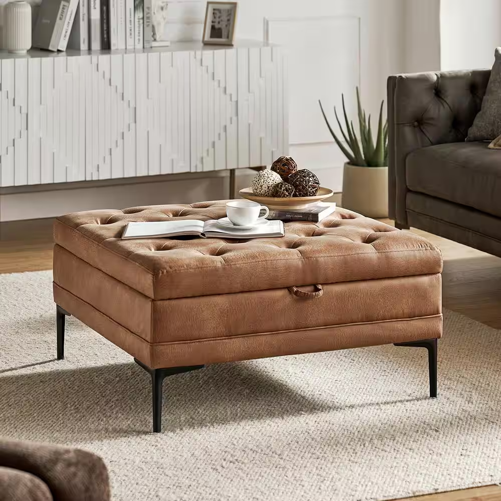 Jeremias Camel Transitional Lift Top Shelved Storage Button-Tufted Cocktail Otto