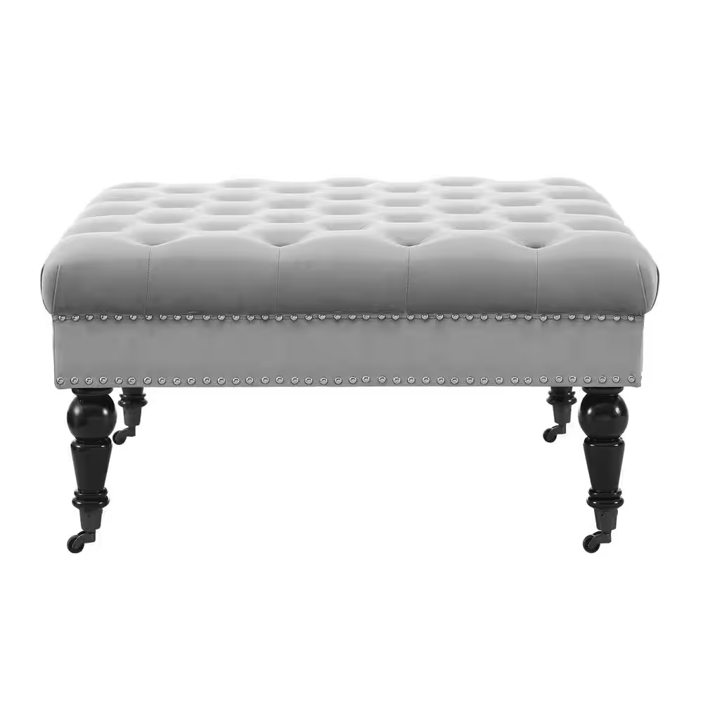 Isabelle Gray Velvet Tufted Square Accent 34.6 In. Ottoman