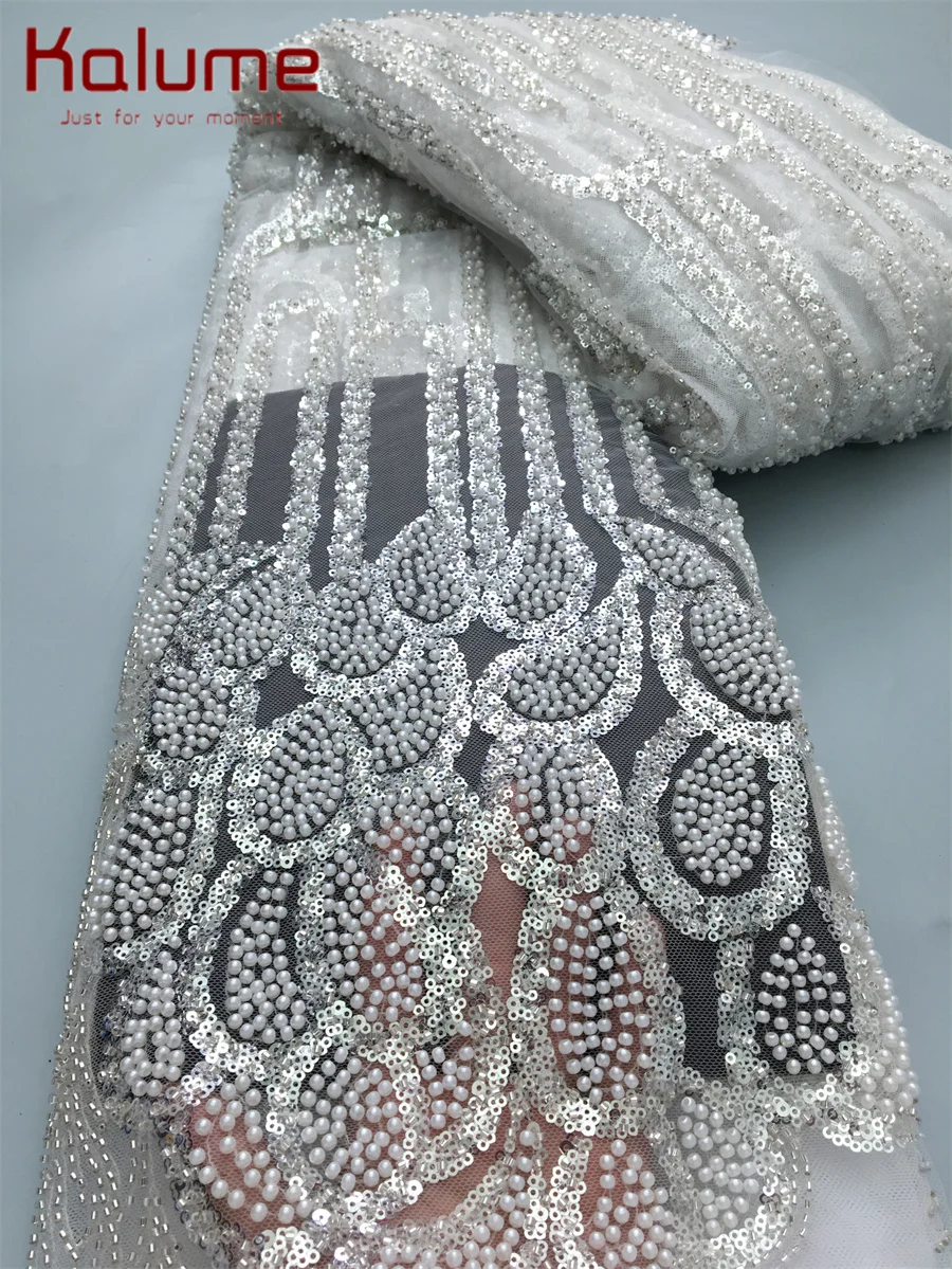 Embroidered African Lace Fabric with Bead Sequins - High-Quality F4138