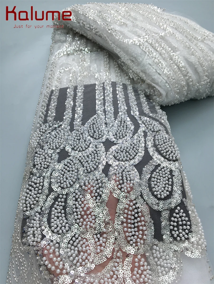 Embroidered African Lace Fabric with Bead Sequins - High-Quality F4138