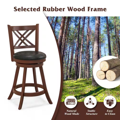 24 In. Brown High Back Wood Swivel Bar Stool Counter Stool with Faux Leather Sea
