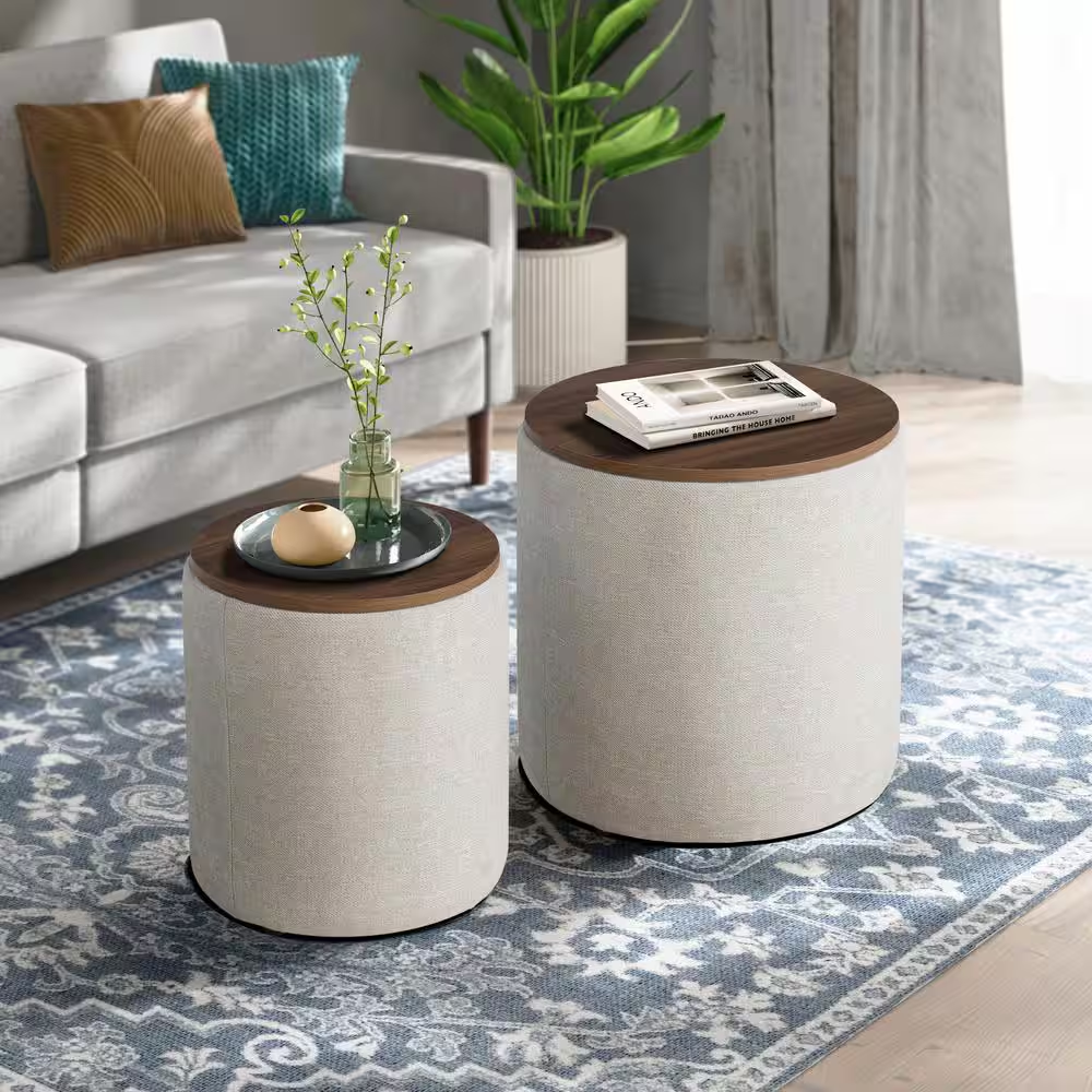 Atlanta Beige Linen round Nesting 2-Piece Storage Ottoman