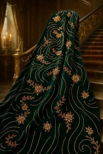 Luxury Royal Green Embroidered Velvet Fabric – Gold &amp; Red Floral Design |