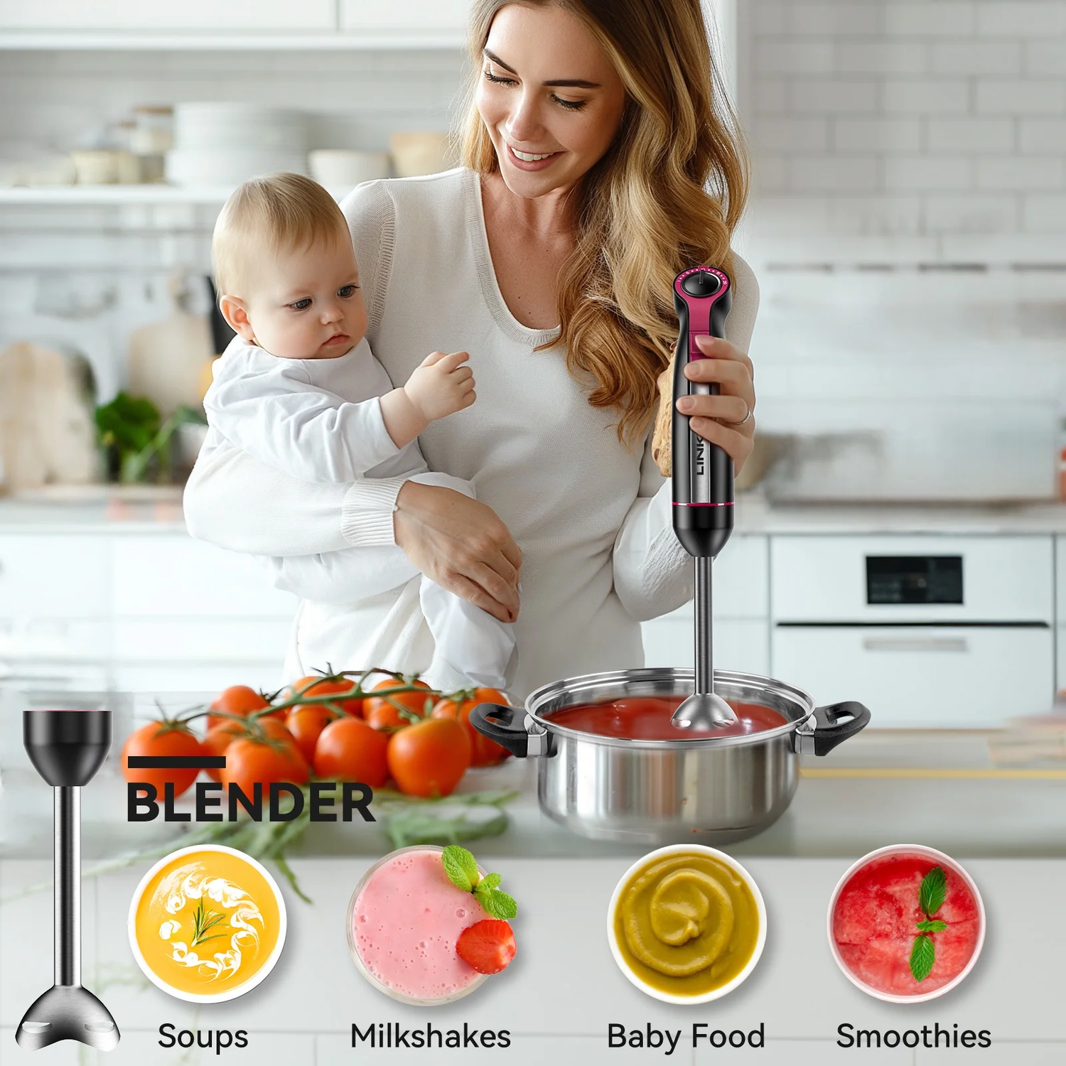 20-Speed 1000W Immersion Hand Blender with Turbo Mode and Chopper, Black