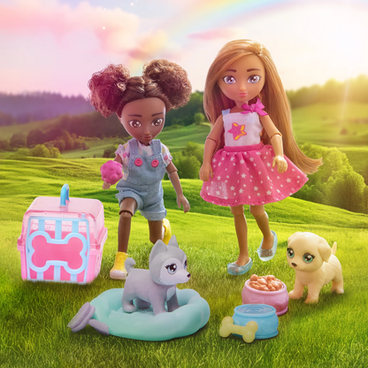 Isa &amp; Evie 18 Piece Set of 2 (5.5-Inch) Mini Dolls with Toy Dogs &amp; Pet Accessori