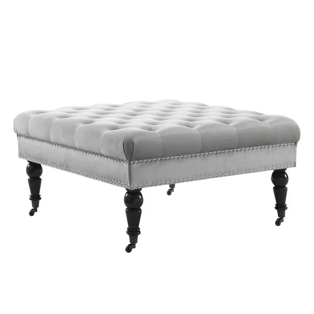 Isabelle Gray Velvet Tufted Square Accent 34.6 In. Ottoman