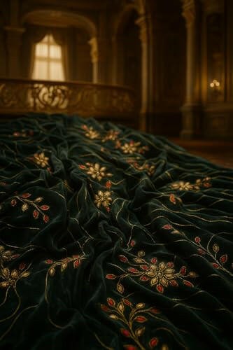 Luxury Royal Green Embroidered Velvet Fabric – Gold &amp; Red Floral Design |