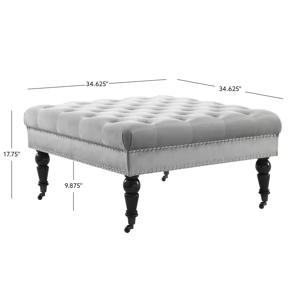 Isabelle Gray Velvet Tufted Square Accent 34.6 In. Ottoman