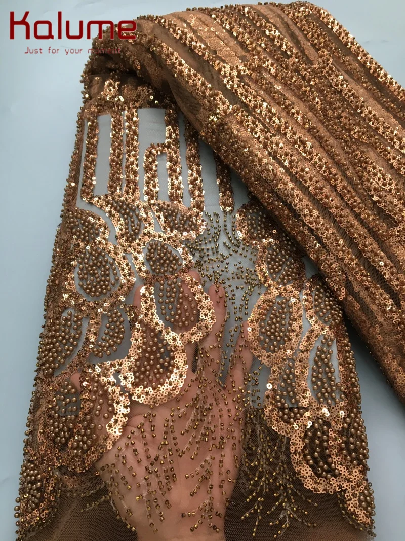Embroidered African Lace Fabric with Bead Sequins - High-Quality F4138