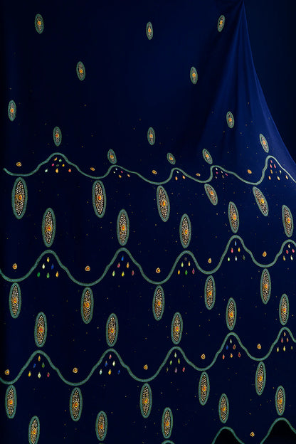 Elegant Navy Blue Chiffon – Beaded Royal Waves