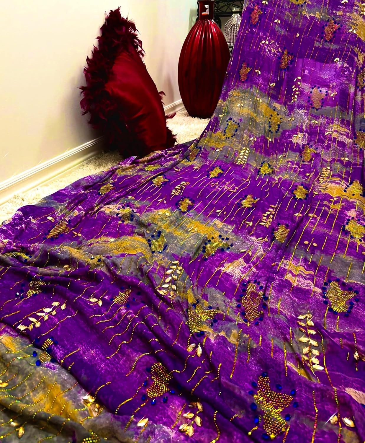 Royal Purple with Gold Embroidery &amp; Blue Beads on Olive-Green Velvet