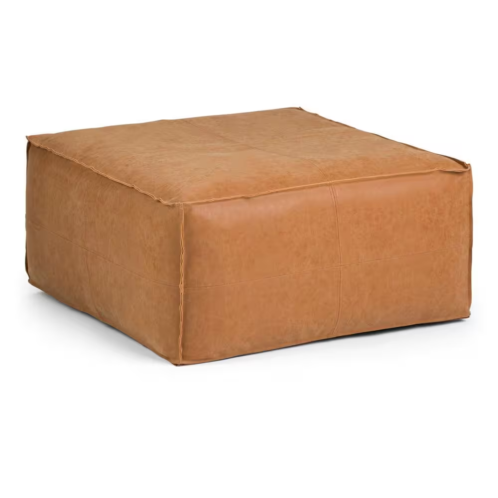 Brody Boho Square Large Square Coffee Table Pouf in Distressed Brown Faux Leathe