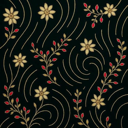 Luxury Royal Green Embroidered Velvet Fabric – Gold &amp; Red Floral Design |