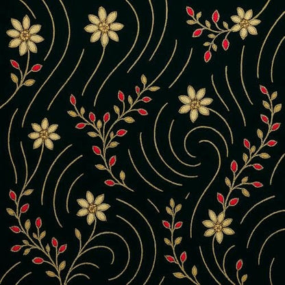 Luxury Royal Green Embroidered Velvet Fabric – Gold &amp; Red Floral Design |