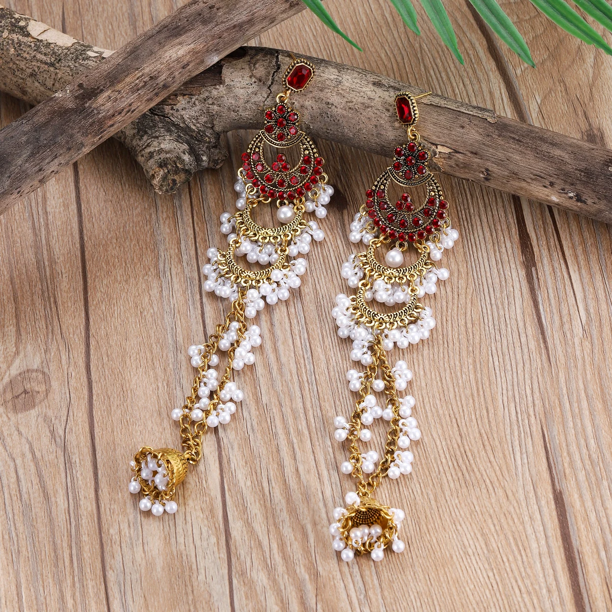 Elegant Vintage Gold-Tone Geometric Crystal and Pearl Long Earrings for Women