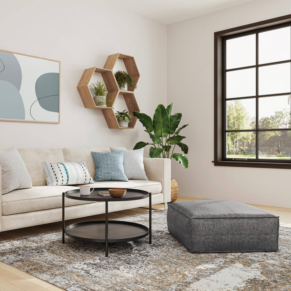 Brody Boho Square Pouf in Distressed Black Vegan Faux Leather
