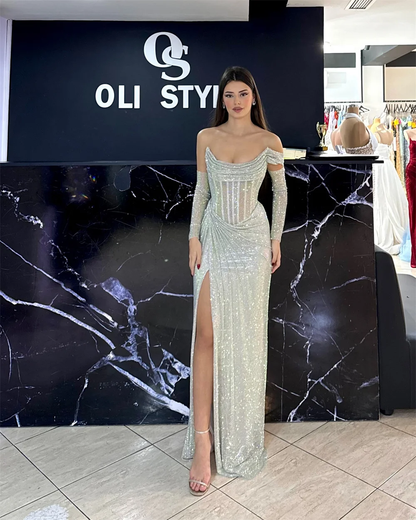 Contessa Dubai Silver Gray Sequin off Shoulder Prom Dresses Long Sleeve Customiz