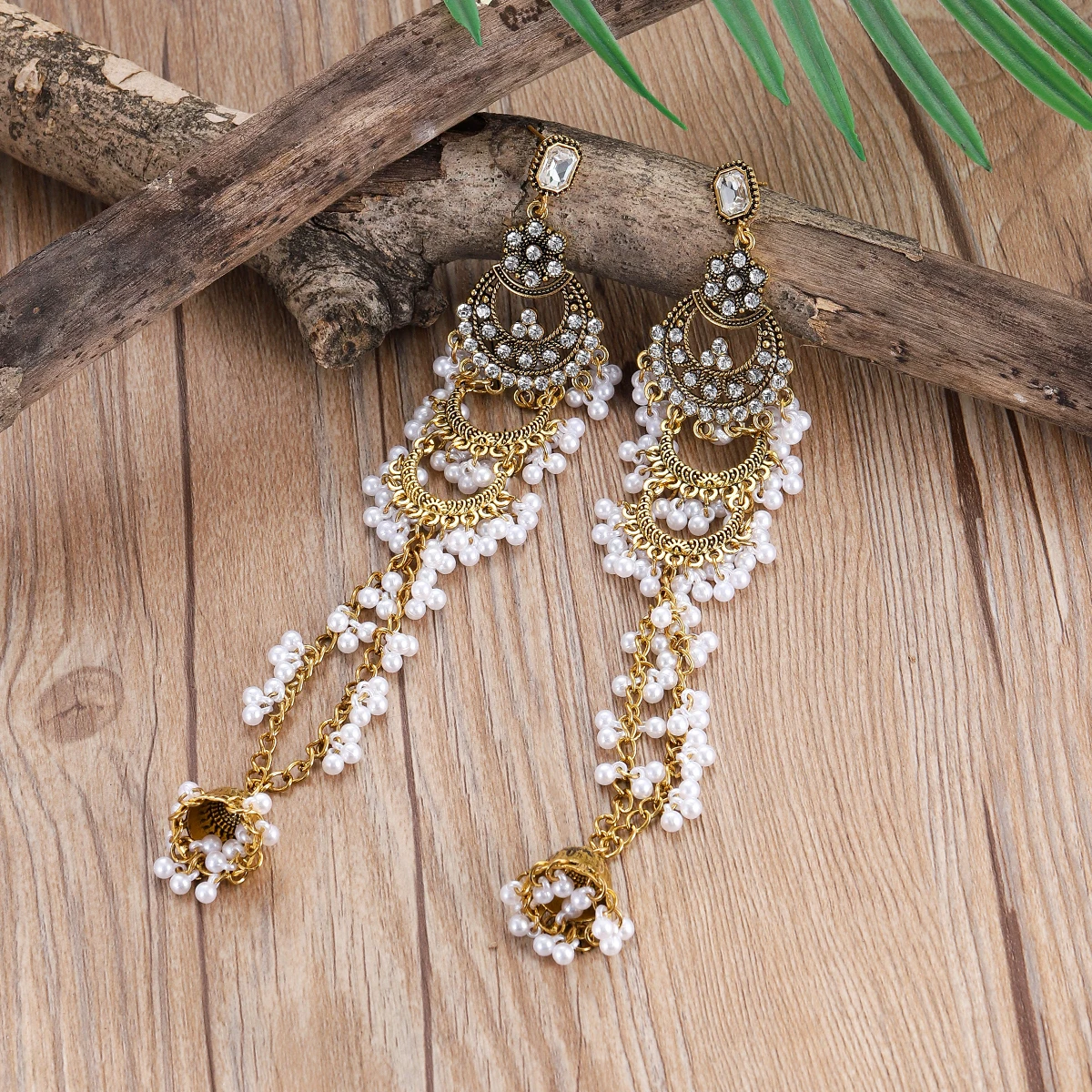 Elegant Vintage Gold-Tone Geometric Crystal and Pearl Long Earrings for Women