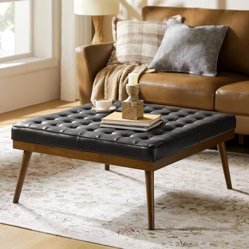 Diana Black Genuine Leather Square Medium Ottoman