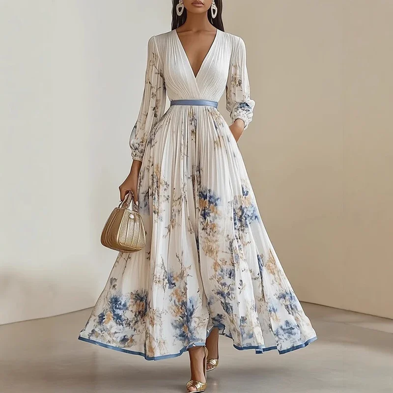 Elegant Bohemian V-Neck Long Sleeve Maxi Dress with Floral Print