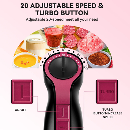 20-Speed 1000W Immersion Hand Blender with Turbo Mode and Chopper, Black