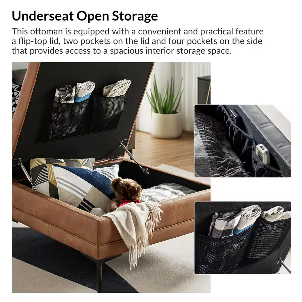 Jeremias Camel Transitional Lift Top Shelved Storage Button-Tufted Cocktail Otto