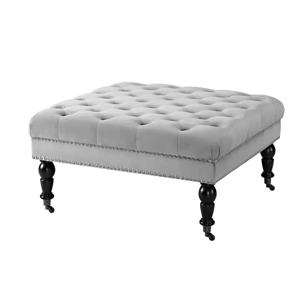 Isabelle Gray Velvet Tufted Square Accent 34.6 In. Ottoman