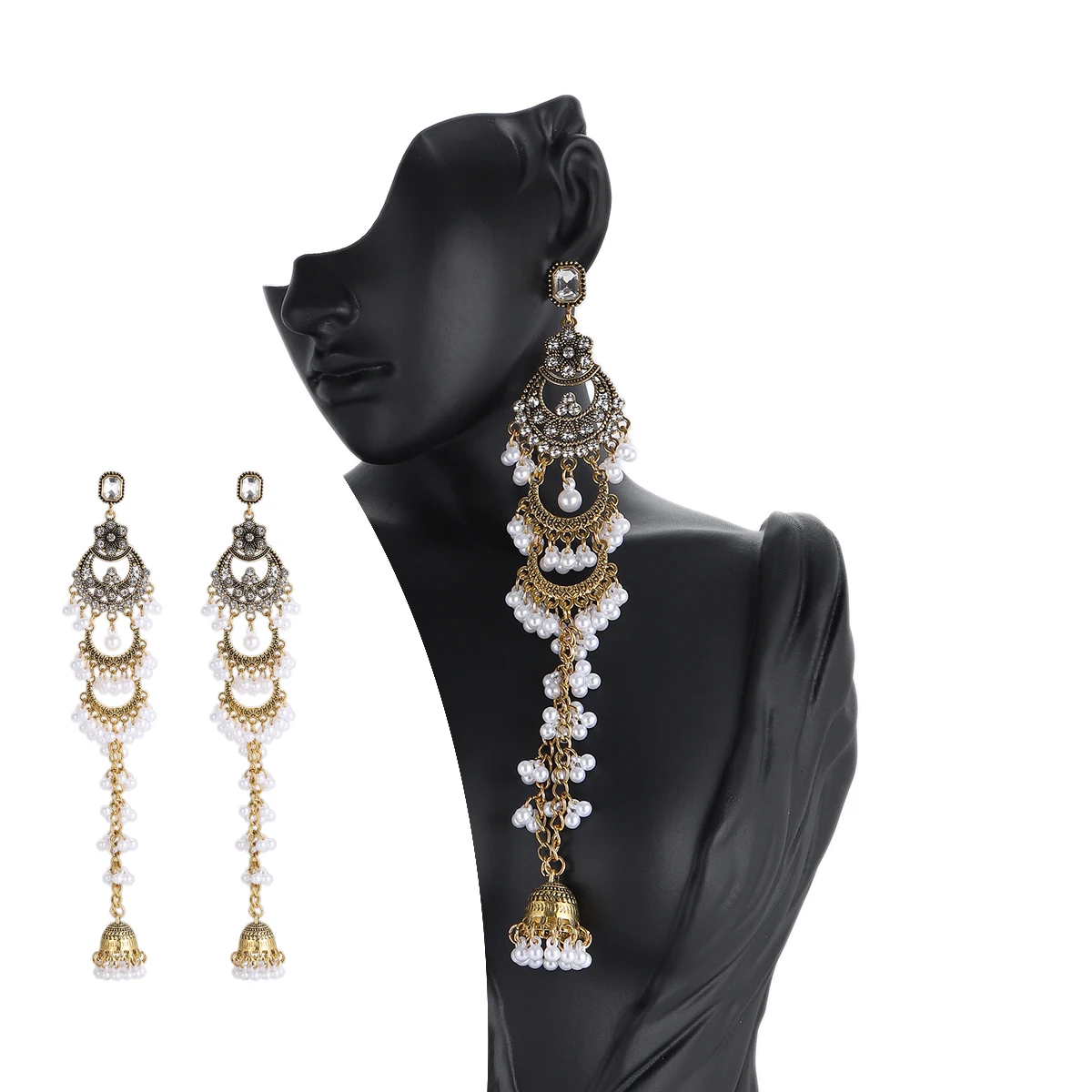 Elegant Vintage Gold-Tone Geometric Crystal and Pearl Long Earrings for Women