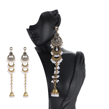 Elegant Vintage Gold-Tone Geometric Crystal and Pearl Long Earrings for Women
