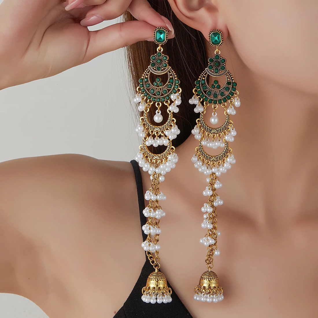 Elegant Vintage Gold-Tone Geometric Crystal and Pearl Long Earrings for Women