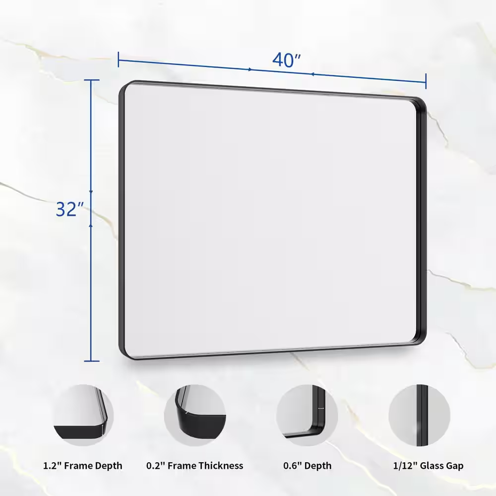 32 In. W X 40 In. H Rectangular Aluminum Alloy Framed Rounded Modern Black Wall 