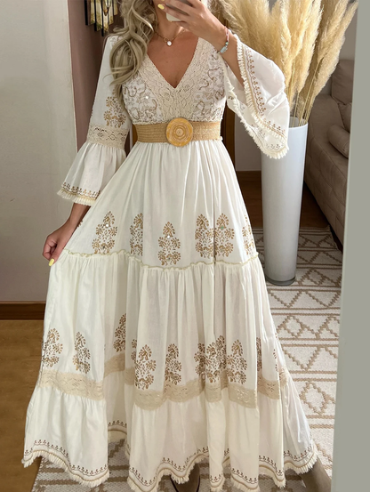 Elegant Floral Print Maxi Dress with Lace V-Neck and Long Sleeves for Women