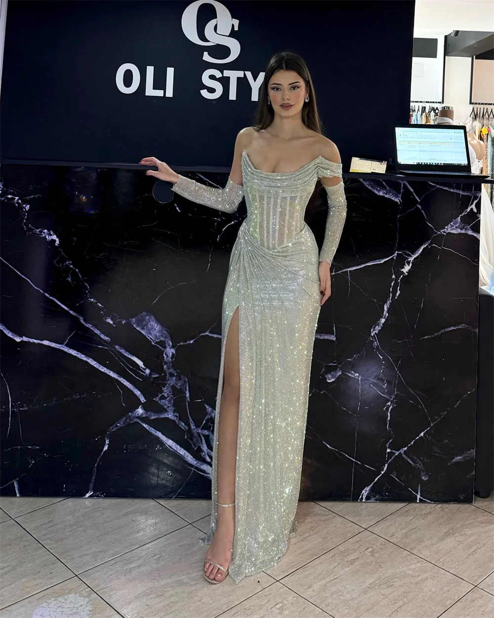 Contessa Dubai Silver Gray Sequin off Shoulder Prom Dresses Long Sleeve Customiz